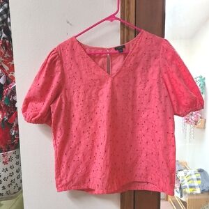 Ann Taylor Pink Eyelet Top Bubble Sleeves Floral Embroidery Shirt
